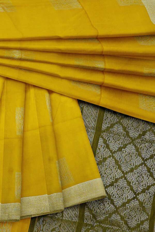 sri kumaran stores semi silk cotton saree yellow saree with silver border 5