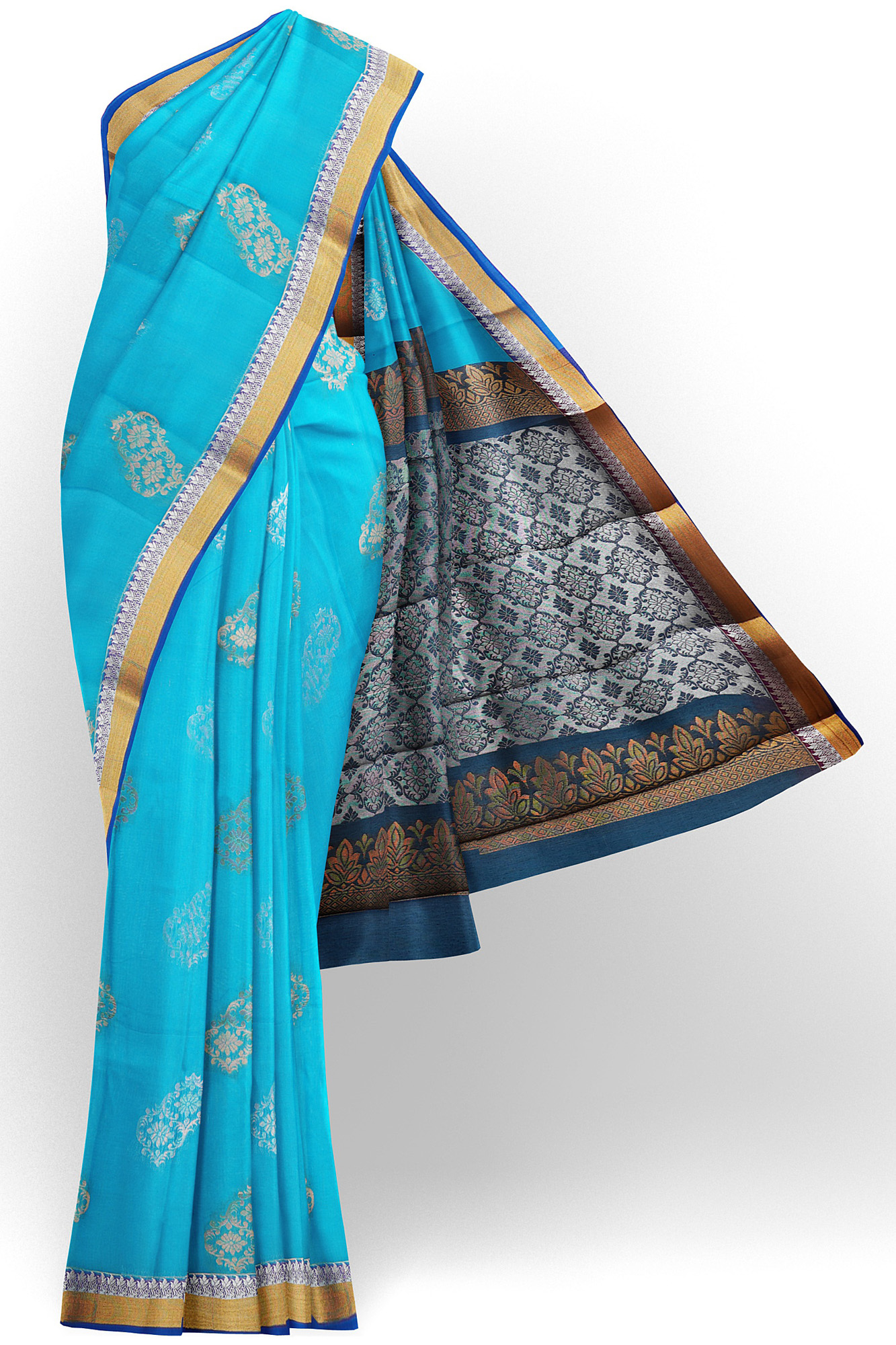 sri kumaran stores semi silk cotton sky blue saree with golden border 1