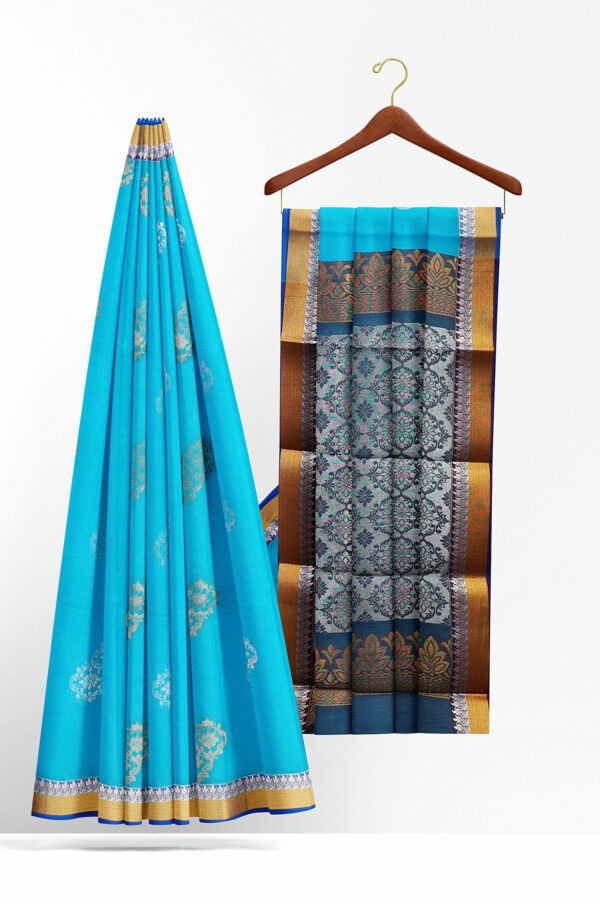 sri kumaran stores semi silk cotton sky blue saree with golden border 2
