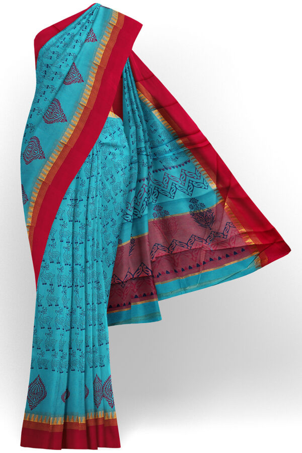 sri kumaran stores semi silk cotton sky blue saree with golden red border 1