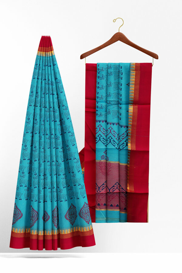 sri kumaran stores semi silk cotton sky blue saree with golden red border 2