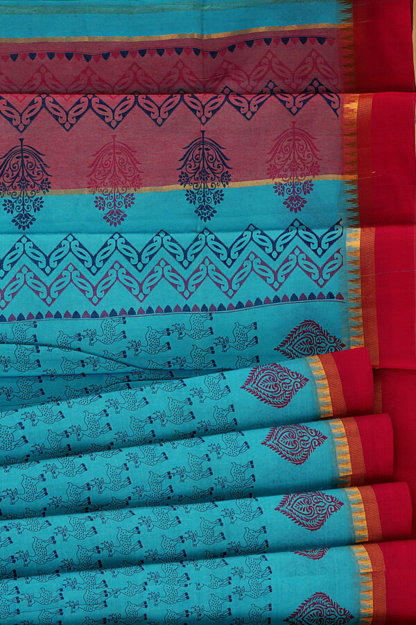 sri kumaran stores semi silk cotton sky blue saree with golden red border 4