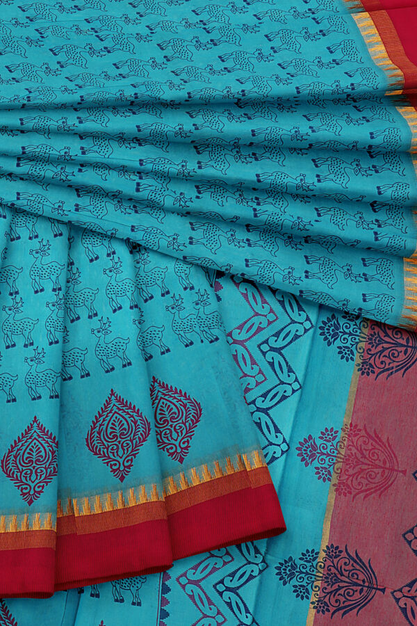 sri kumaran stores semi silk cotton sky blue saree with golden red border 5