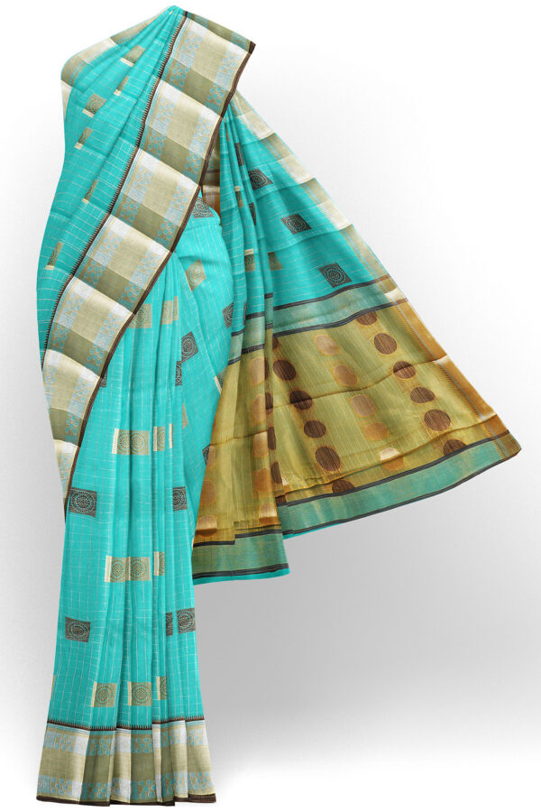 sri kumaran stores semi silk cotton turquioise blue saree with golden colour border 1