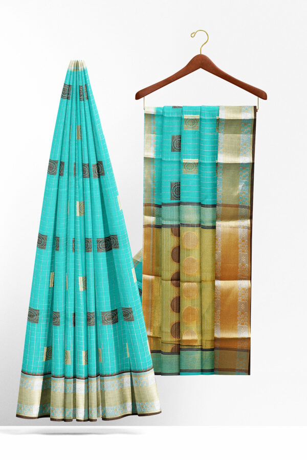 sri kumaran stores semi silk cotton turquioise blue saree with golden colour border 2