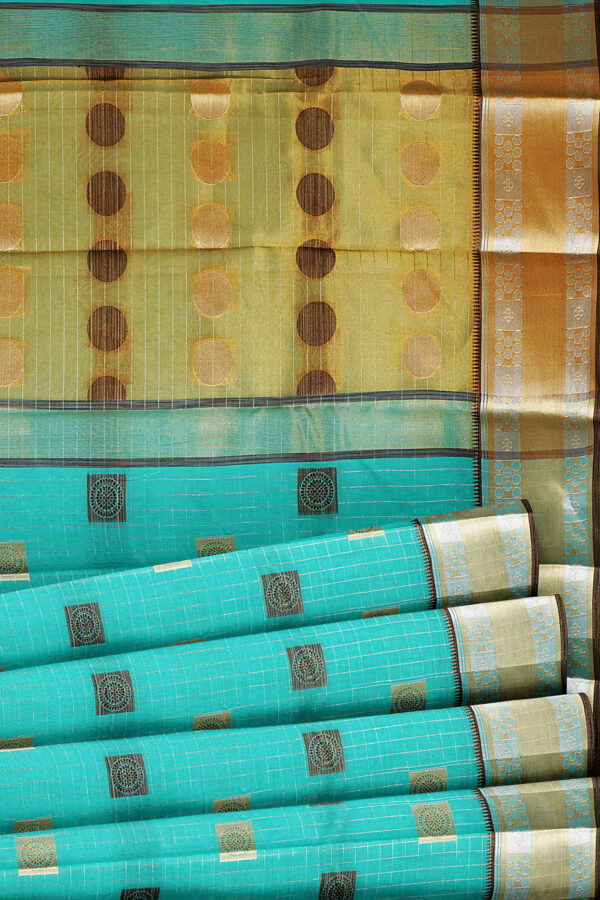 sri kumaran stores semi silk cotton turquioise blue saree with golden colour border 4
