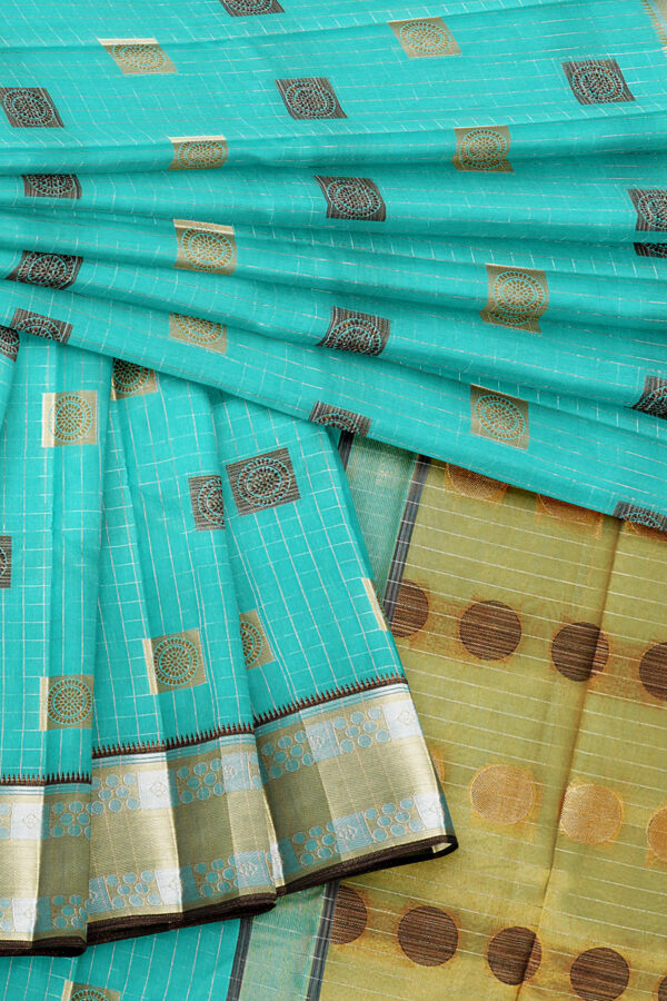 sri kumaran stores semi silk cotton turquioise blue saree with golden colour border 5