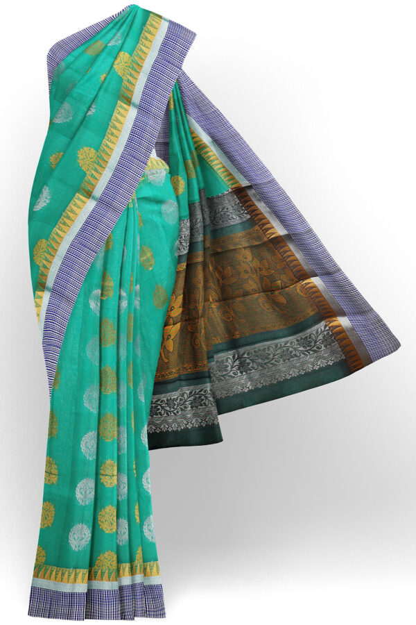 sri kumaran stores semi silk cotton turquoise blue saree with golden blue border 1