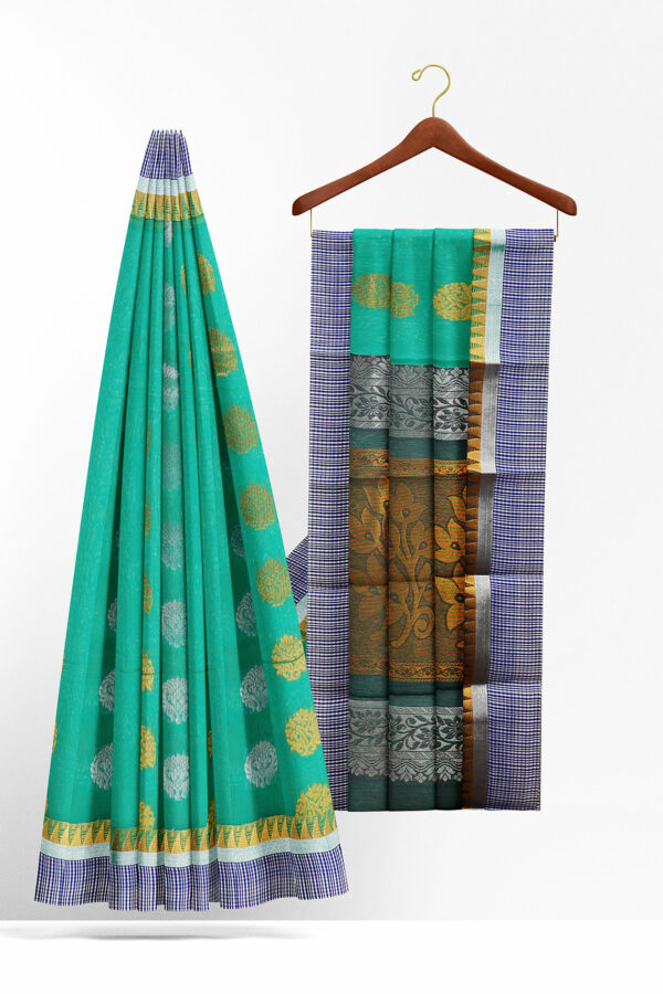 sri kumaran stores semi silk cotton turquoise blue saree with golden blue border 2