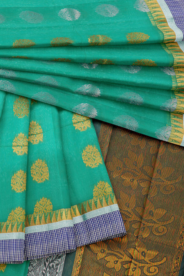 sri kumaran stores semi silk cotton turquoise blue saree with golden blue border 5