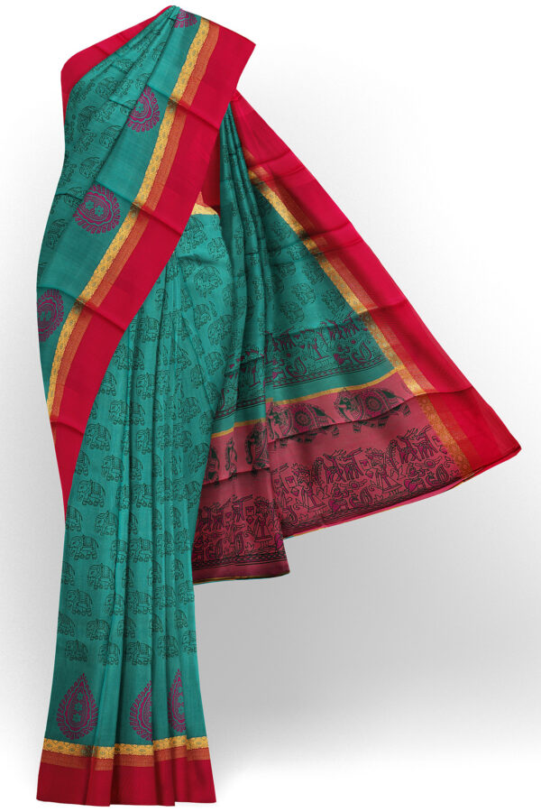 sri kumaran stores semi silk cotton turquoise green saree with golden red border 1