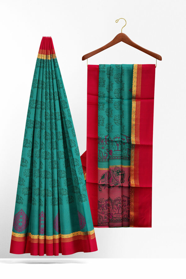 sri kumaran stores semi silk cotton turquoise green saree with golden red border 2