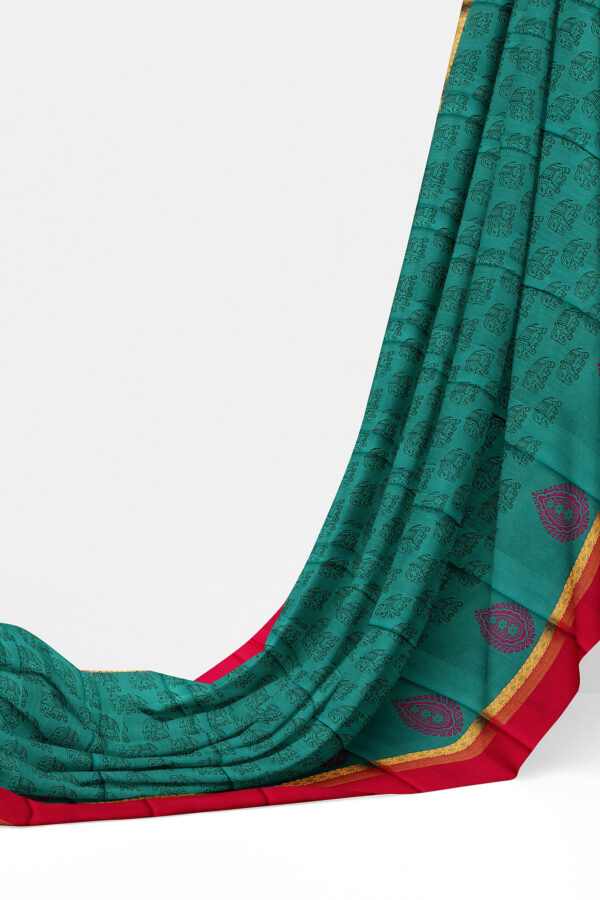 sri kumaran stores semi silk cotton turquoise green saree with golden red border 3