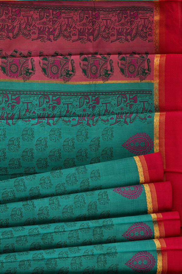 sri kumaran stores semi silk cotton turquoise green saree with golden red border 4