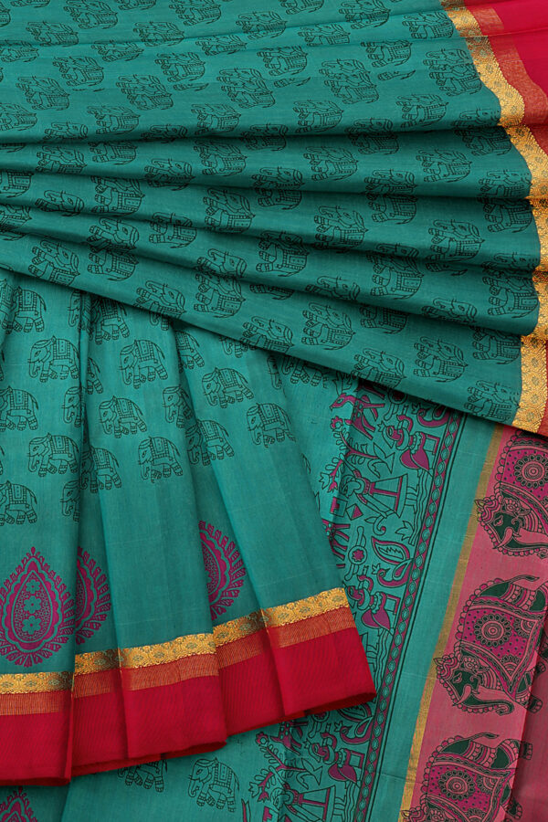 sri kumaran stores semi silk cotton turquoise green saree with golden red border 5