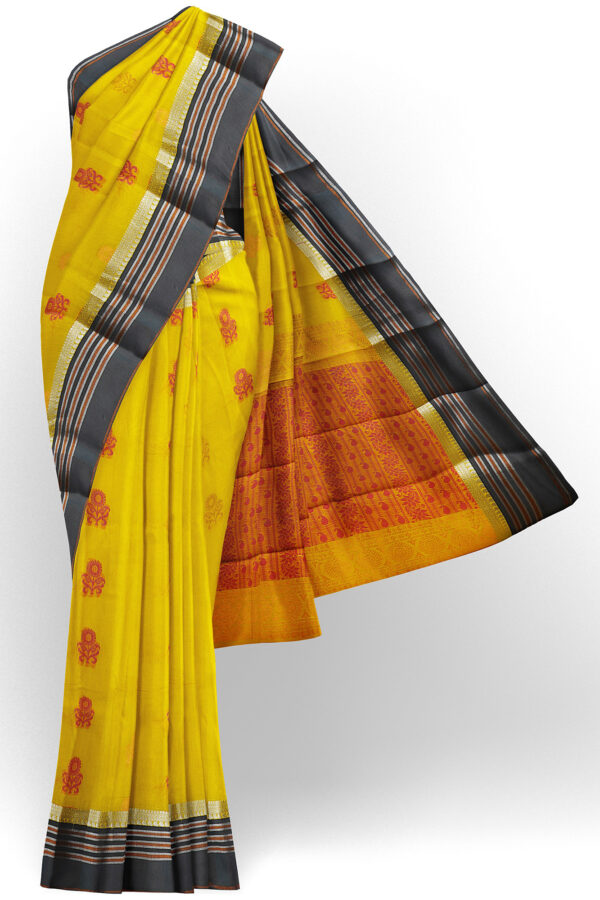 sri kumaran stores semi silk cotton yellow saree with grey border 1