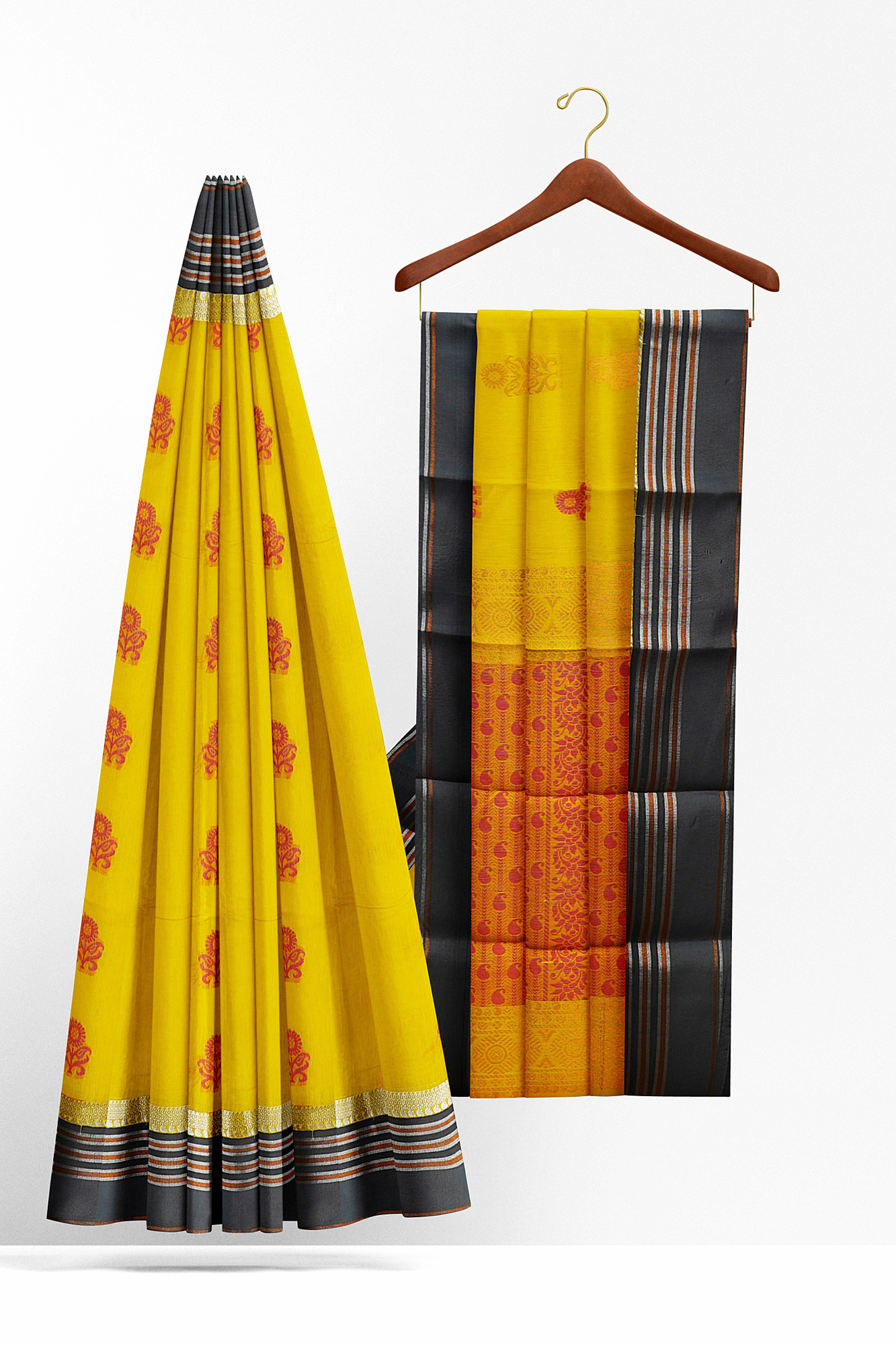 sri kumaran stores semi silk cotton yellow saree with grey border 2