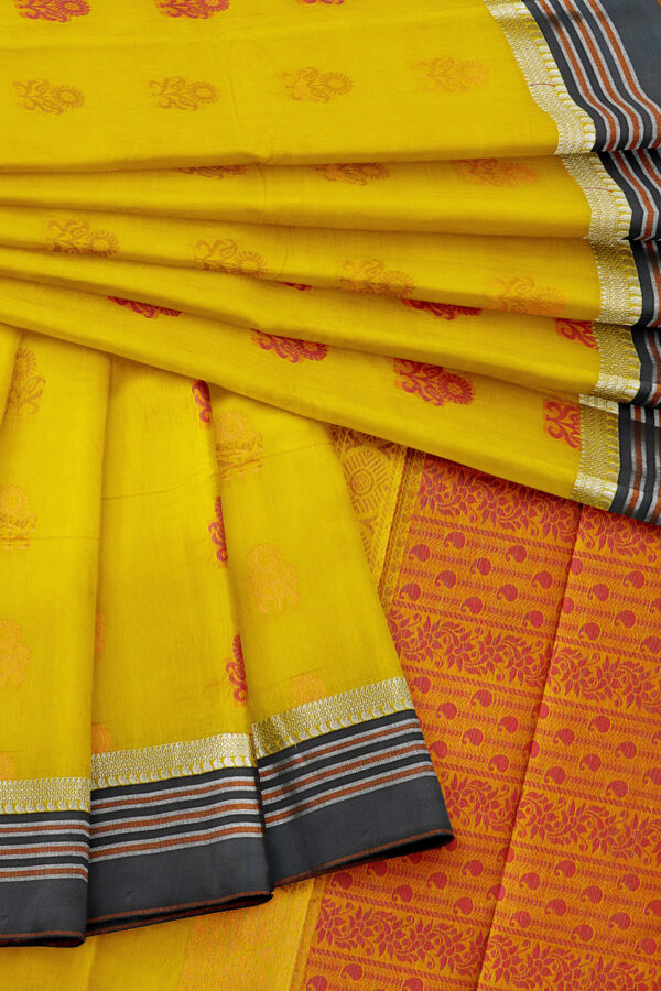 sri kumaran stores semi silk cotton yellow saree with grey border 5