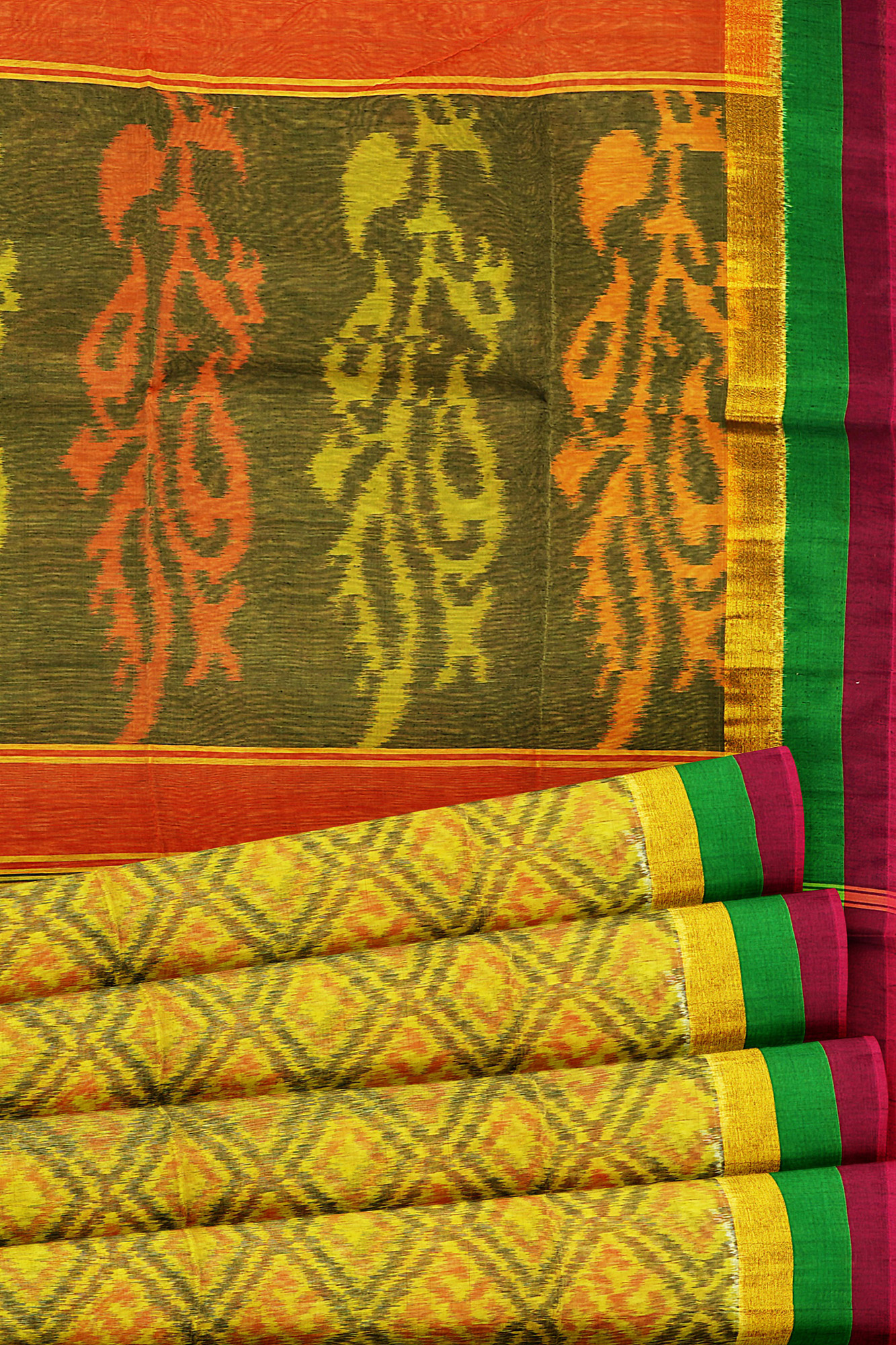 sri kumaran stores silk cotton saree yellow saree with maroon green border 4
