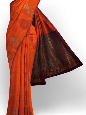 sri kumaran stores soft silk orange saree with brown border 1