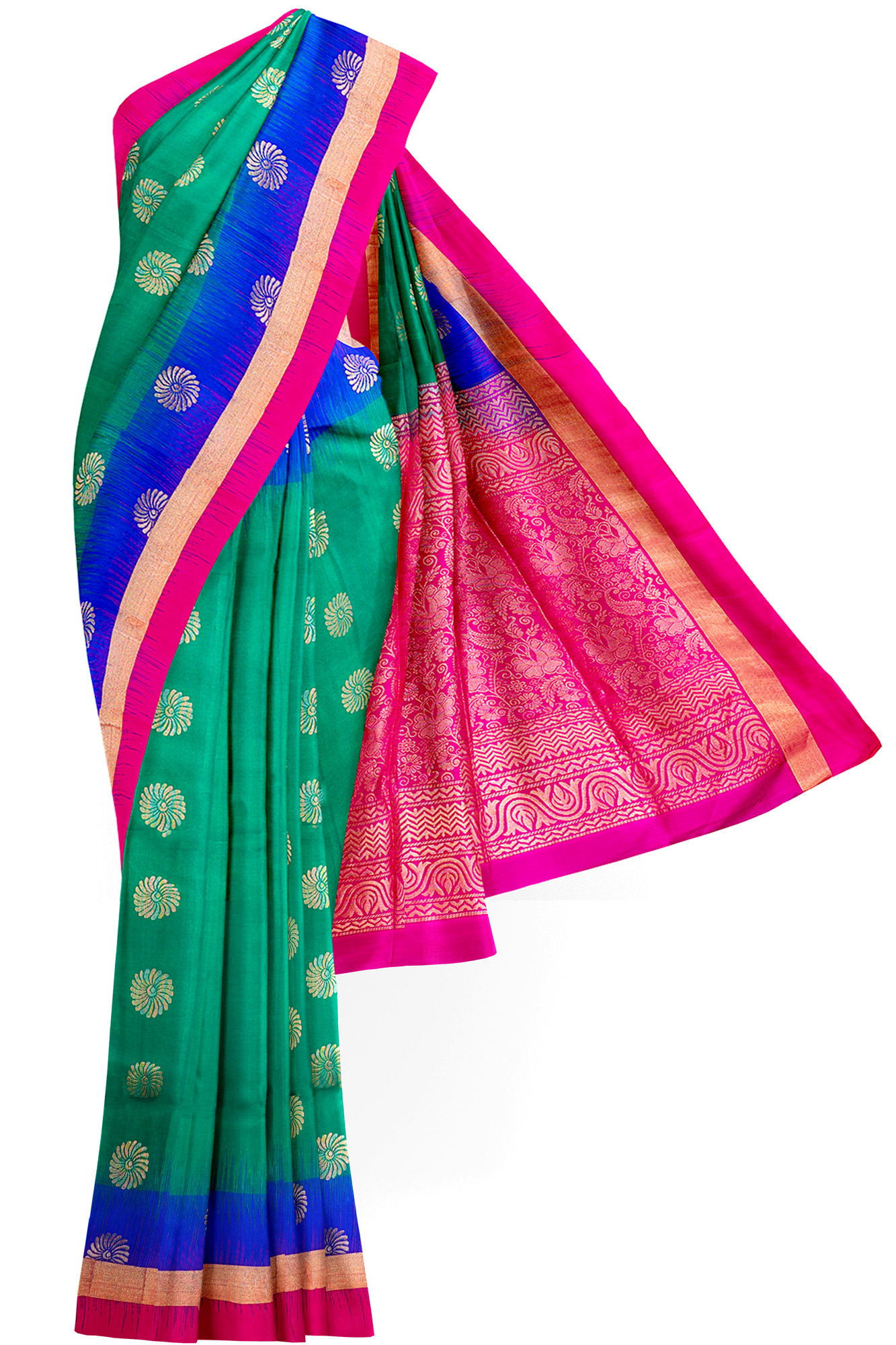 sri kumaran stores soft silk saree green blue saree with golden pink border 1