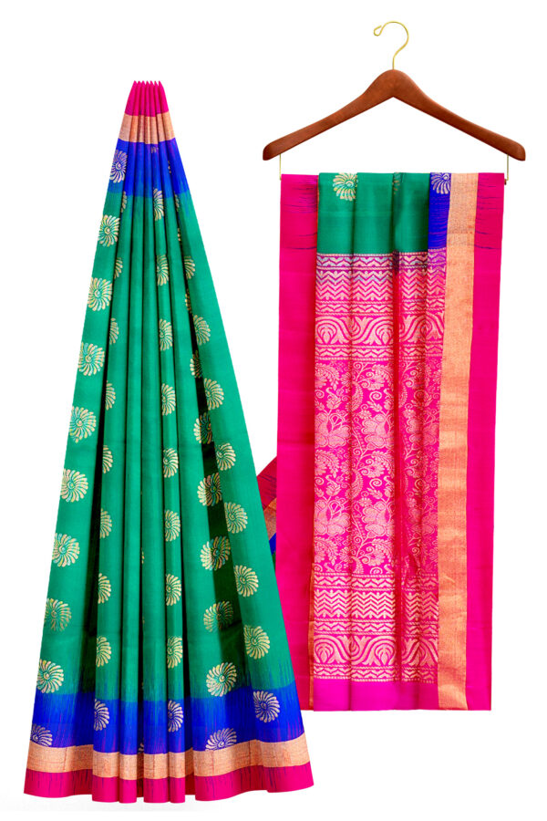 sri kumaran stores soft silk saree green blue saree with golden pink border 2