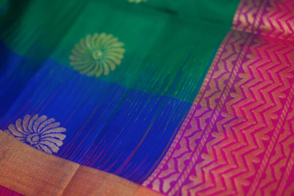 sri kumaran stores soft silk saree green blue saree with golden pink border 3