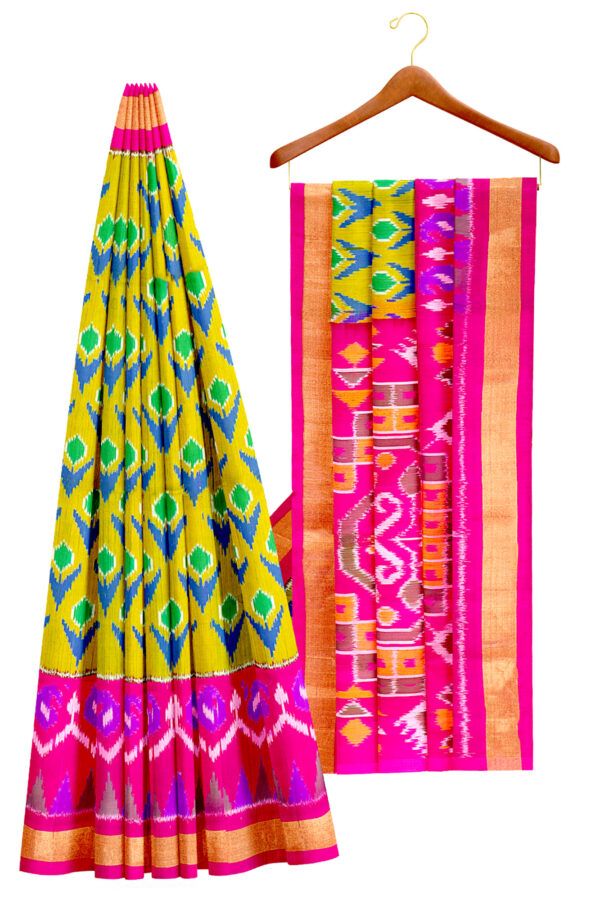 sri kumaran stores soft silk saree mustard yellow saree with golden pink border 2