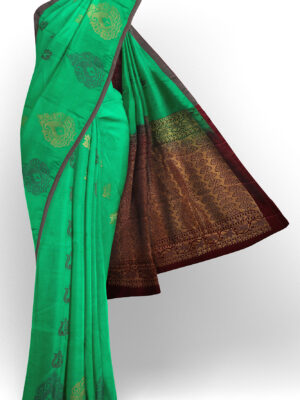 sri kumaran stores soft silk turquoise green saree with brown border 1