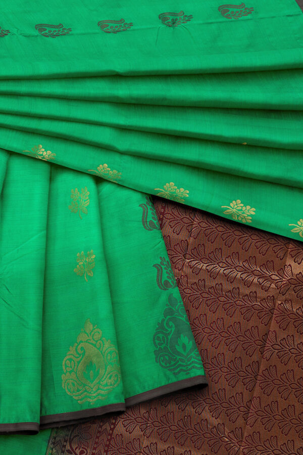 sri kumaran stores soft silk turquoise green saree with brown border 5