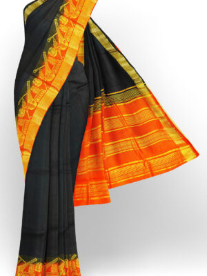 sri kumaran stores tussar silk black saree with golden orange border 1