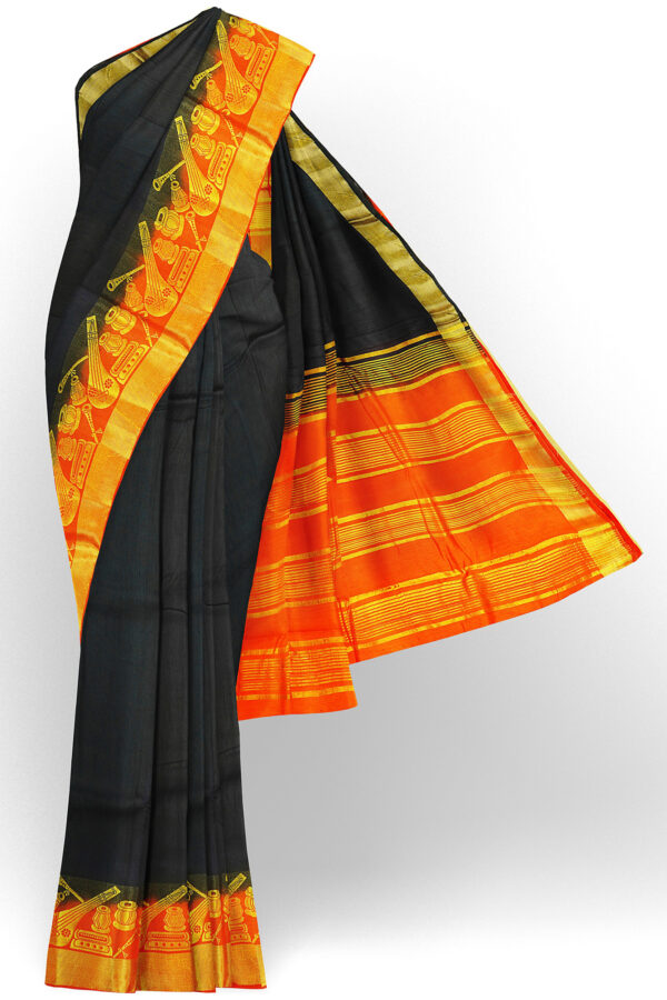 sri kumaran stores tussar silk black saree with golden orange border 1