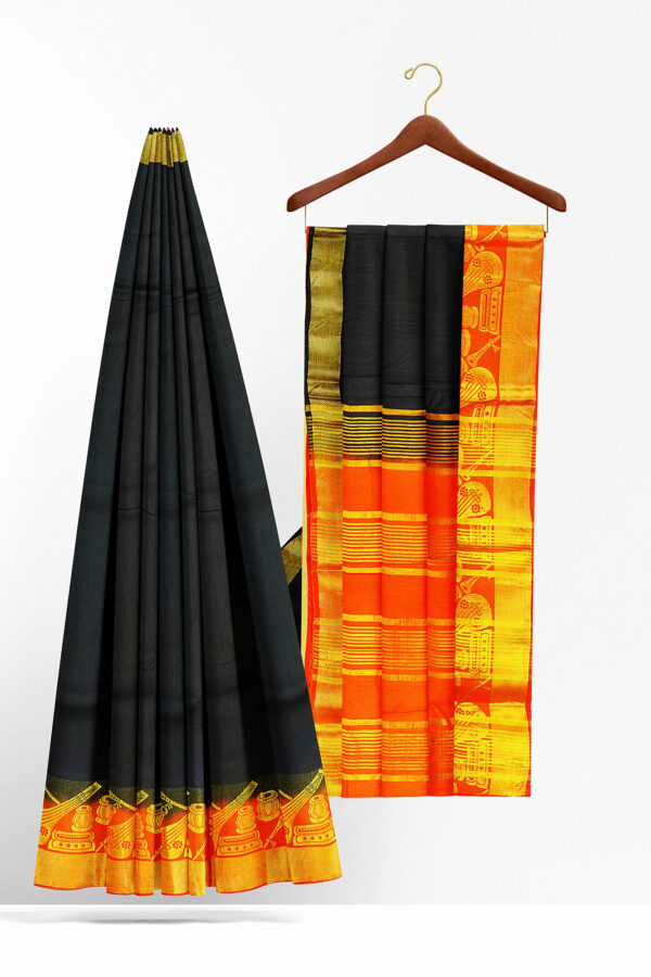 sri kumaran stores tussar silk black saree with golden orange border 2