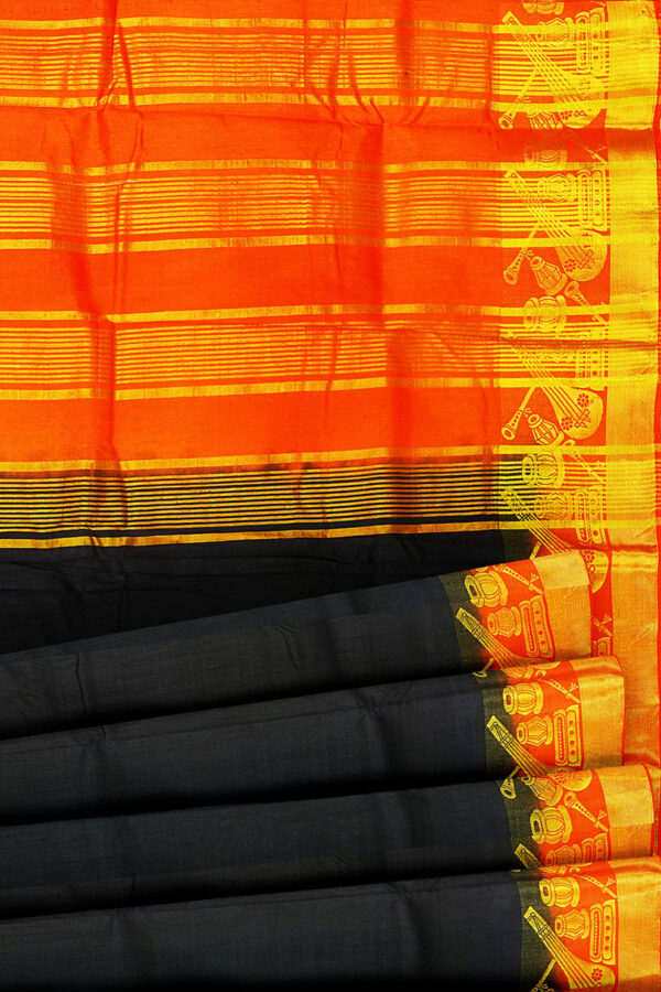 sri kumaran stores tussar silk black saree with golden orange border 4