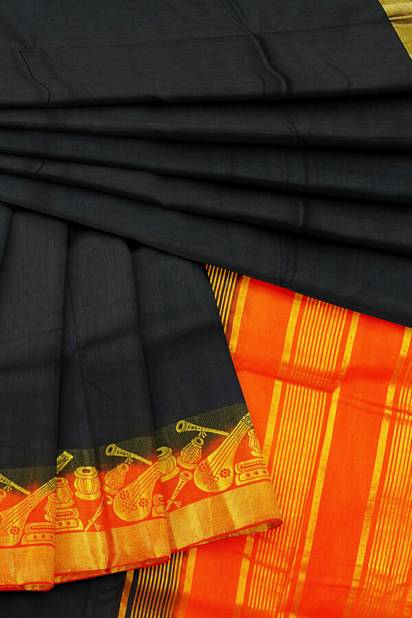 sri kumaran stores tussar silk black saree with golden orange border 5