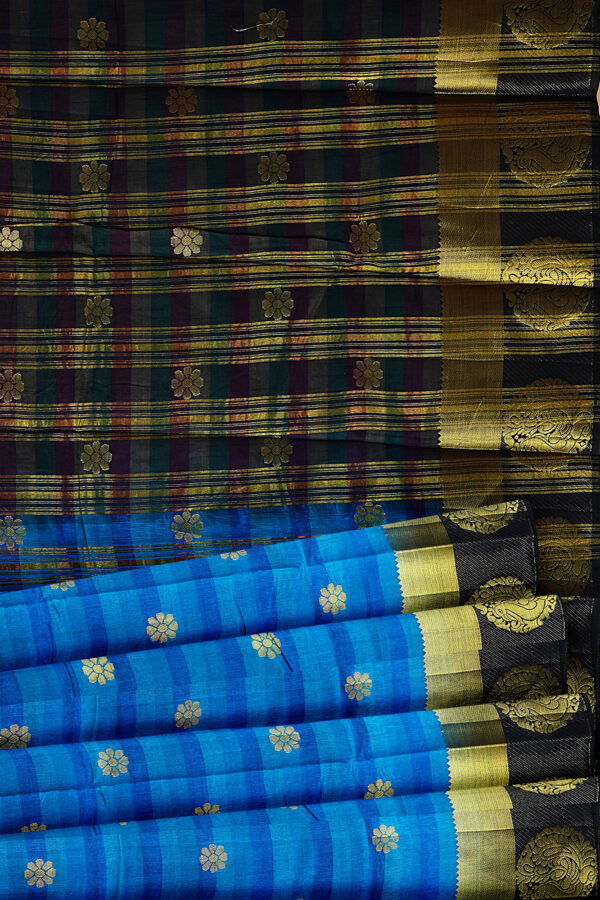 sri kumaran stores tussar silk blue saree with golden black border 4