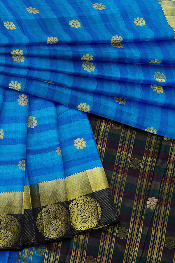 sri kumaran stores tussar silk blue saree with golden black border 5