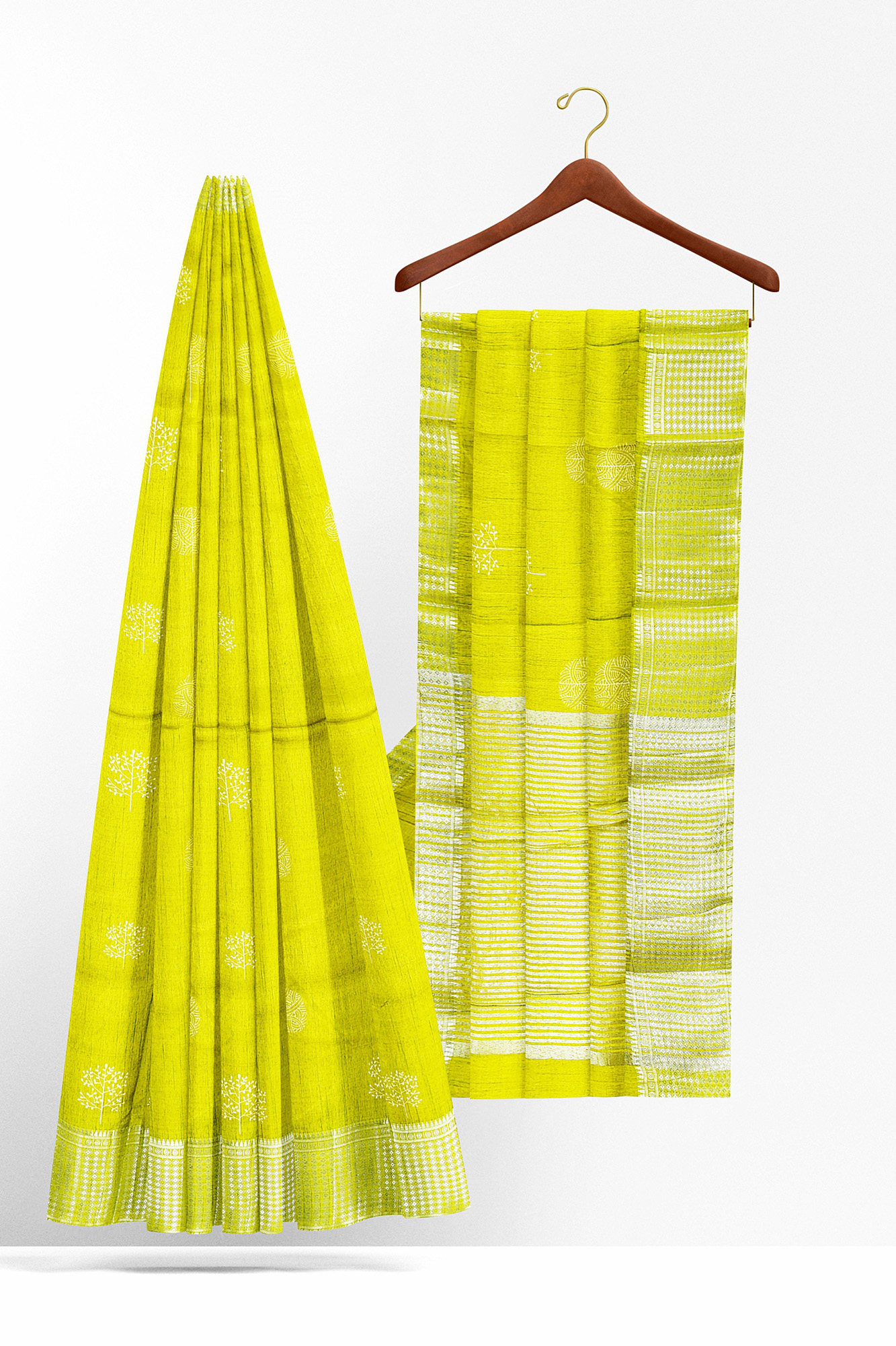 sri kumaran stores tussar silk bright yellow saree with golden border 2