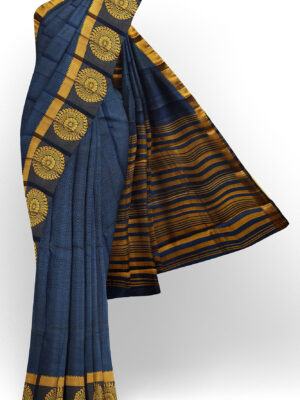 sri kumaran stores tussar silk dark blue saree with golden black border 1