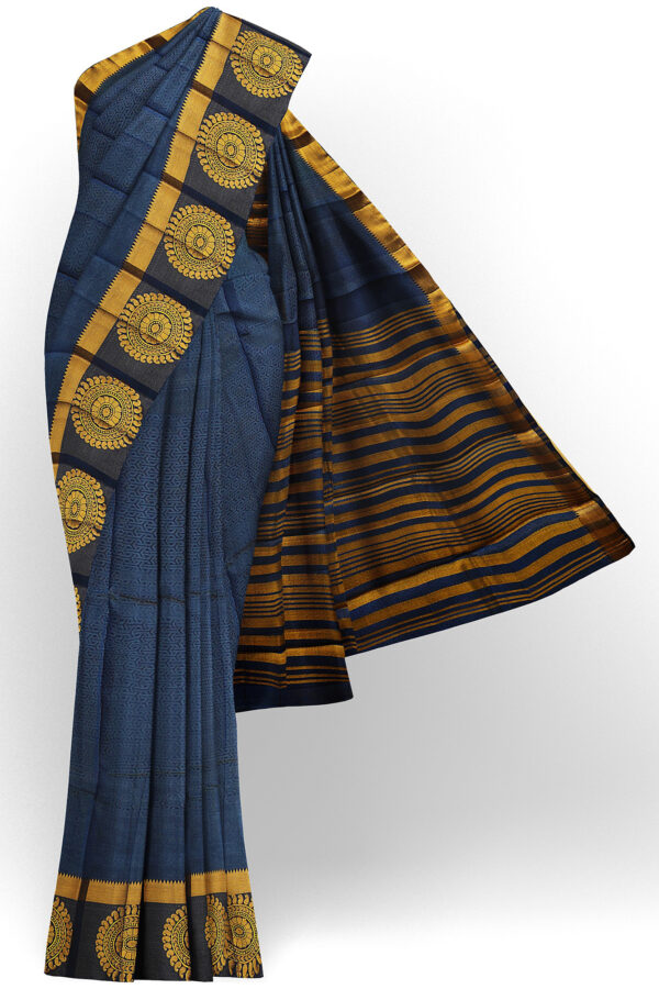 sri kumaran stores tussar silk dark blue saree with golden black border 1