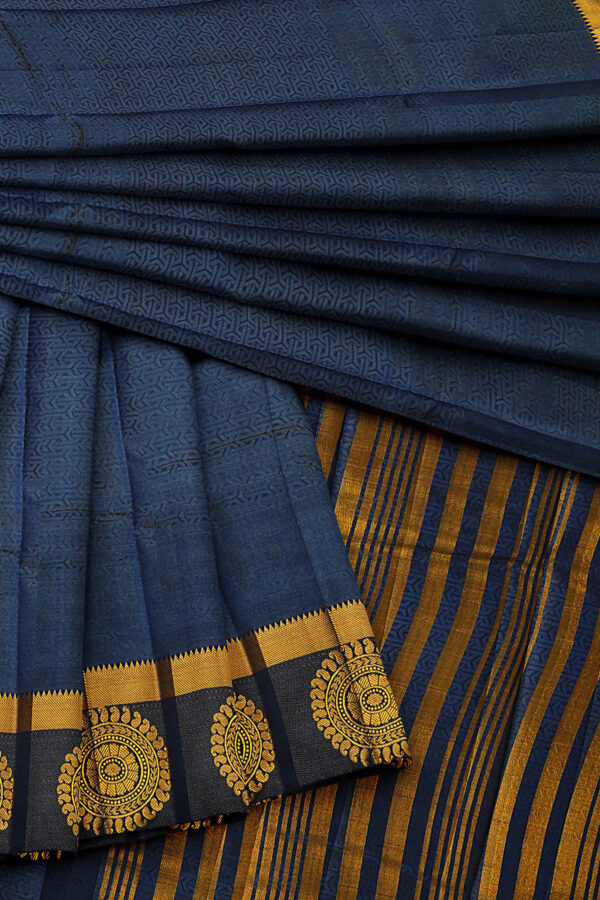 sri kumaran stores tussar silk dark blue saree with golden black border 5