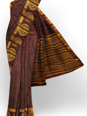 sri kumaran stores tussar silk dark brown saree with golden brown border 1