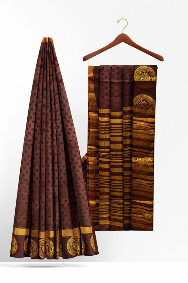 sri kumaran stores tussar silk dark brown saree with golden brown border 2