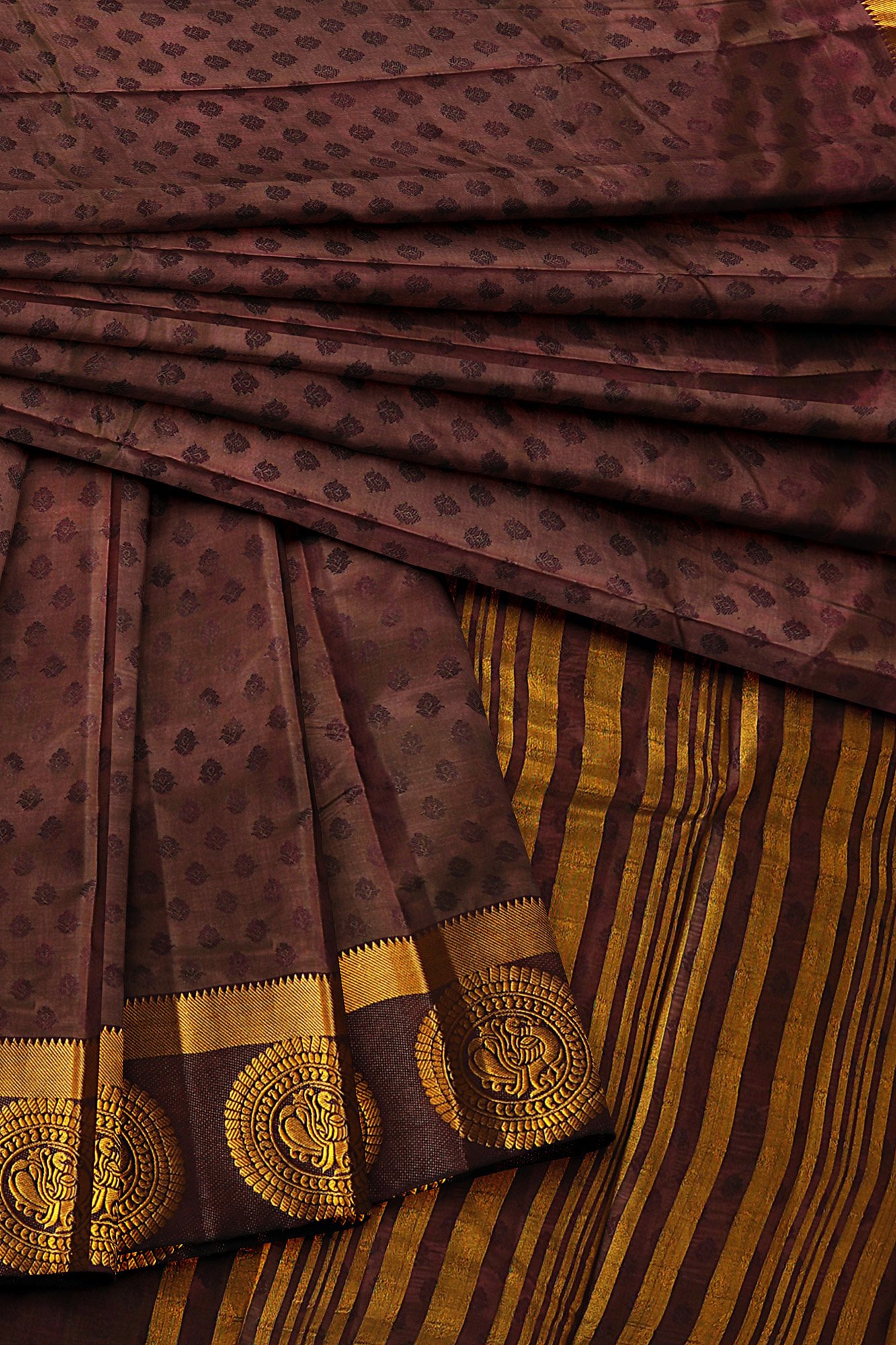 sri kumaran stores tussar silk dark brown saree with golden brown border 5