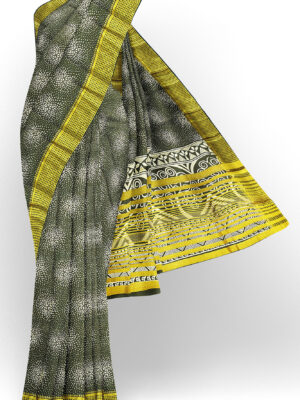 sri kumaran stores tussar silk dark green saree with golden yellow border 1