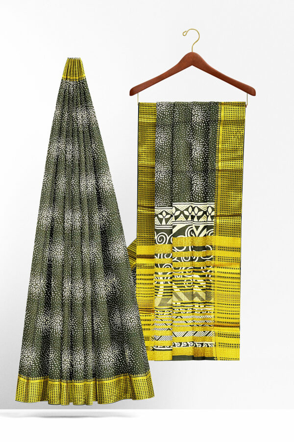 sri kumaran stores tussar silk dark green saree with golden yellow border 2