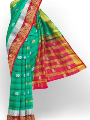 sri kumaran stores tussar silk green saree with golden red border 1