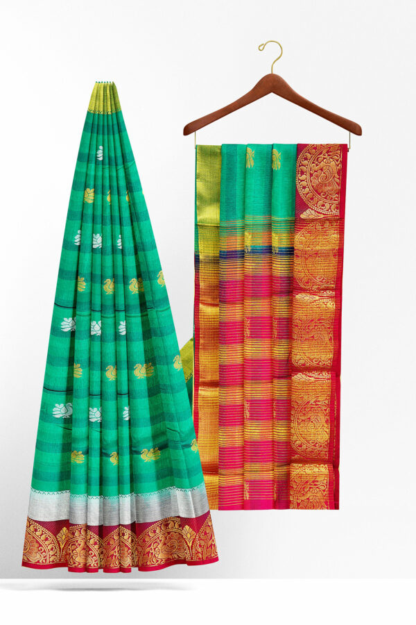 sri kumaran stores tussar silk green saree with golden red border 2