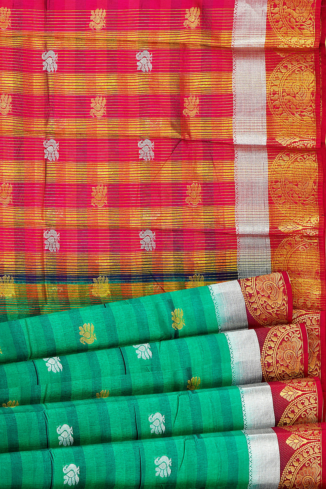 sri kumaran stores tussar silk green saree with golden red border 4