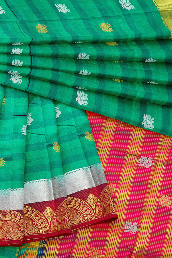 sri kumaran stores tussar silk green saree with golden red border 5
